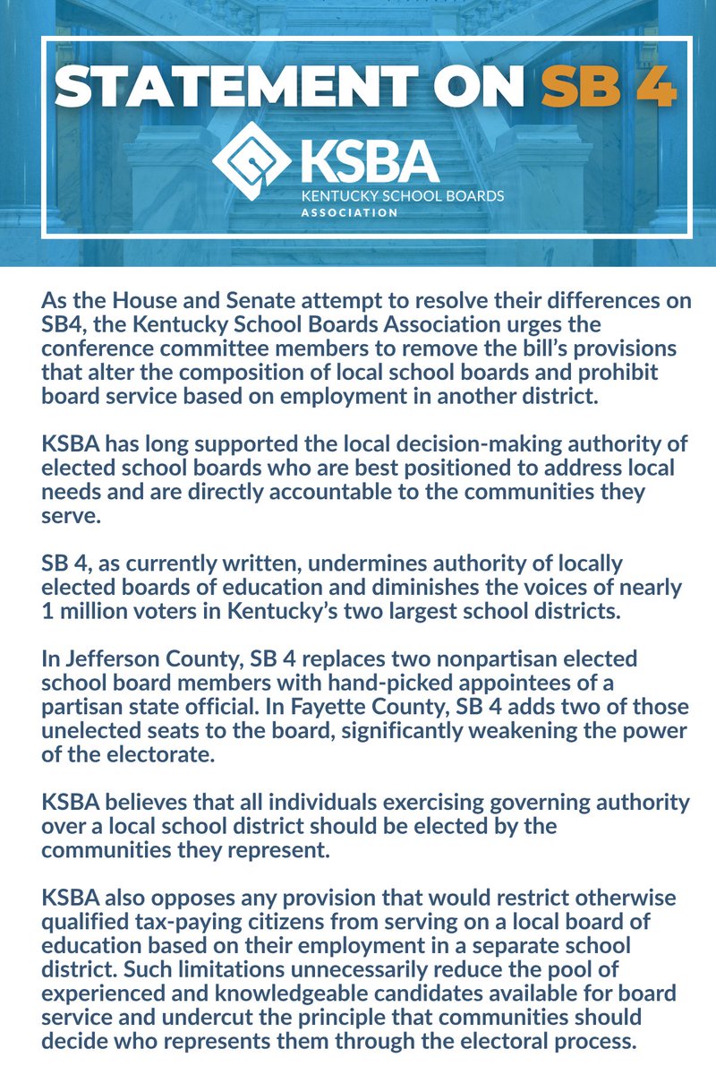 The Senate declined to concur with changes to SB 4. The bill now goes to conference committee. As the conferees work to resolve their differences, KSBA urges the removal the provisions that alter the make up of local boards &amp; prohibit service based on working in another district.