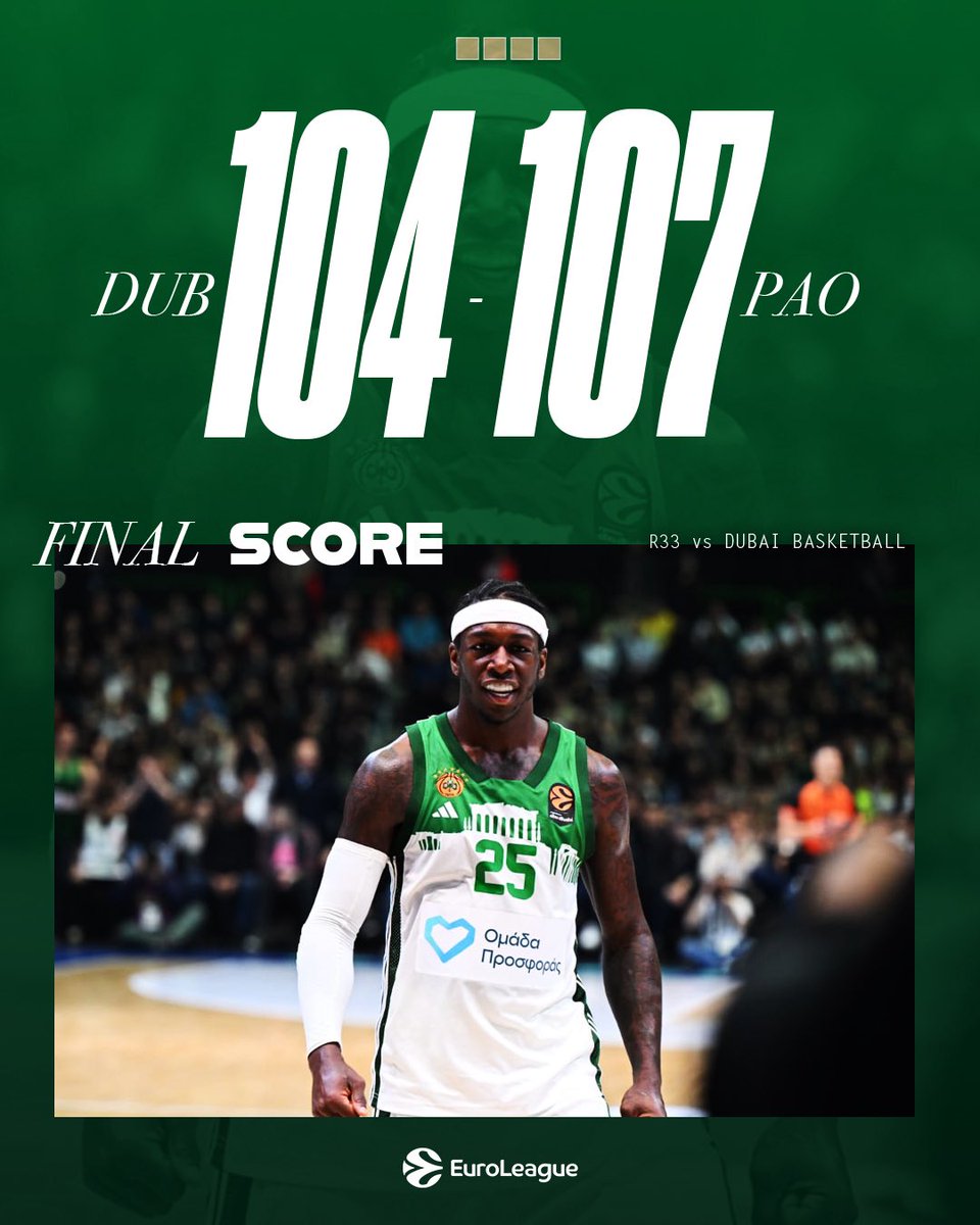 HUGE ROAD WIN! LET’S GOOO! 😤

Final Score ☘️

<a href="/dubaibasket/">Dubai Basketball</a> - #paobcaktor 104-107 

#WeTheGreens #Club1908
