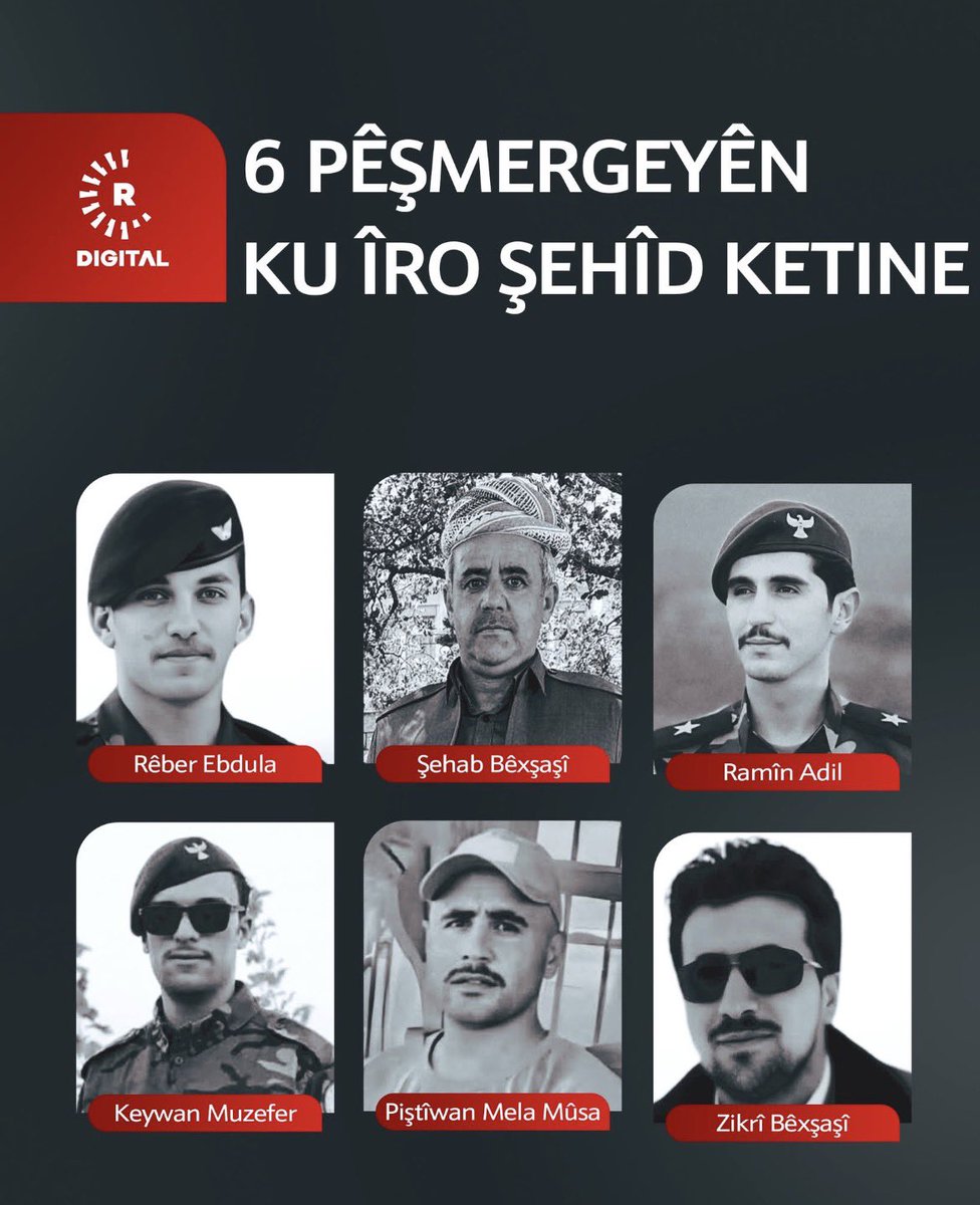 KlcSyt's tweet photo. Îro di encama êrîşa hovane û xayînane ya Îranê bi êrîşa 6 mûşekên balistîk 6 pêşmergeyên qehreman şehîd ketin.

Em vê êrîşa bêexlaqî, ku li dijî hemû pîvanên mirovahî  ye, bi tundî şermezar dikin.

#pêşmerge https://t.co/6OwiIeEQdA