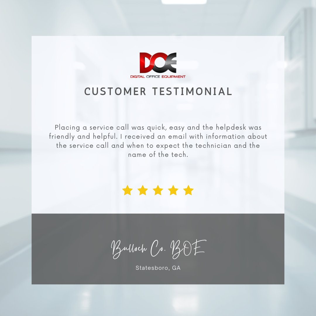 DigitalOfficeEq's tweet photo. It's #TestimonialTuesday 👏When you need copier service, make sure you are choosing a provider with quick response time and friendly staff that communicates proactively! #WhyDOE #copierservice #CallDOE #DigitalOfficeEquipment  https://t.co/5EnYFxV0Wh https://t.co/OYX9lHXQKv