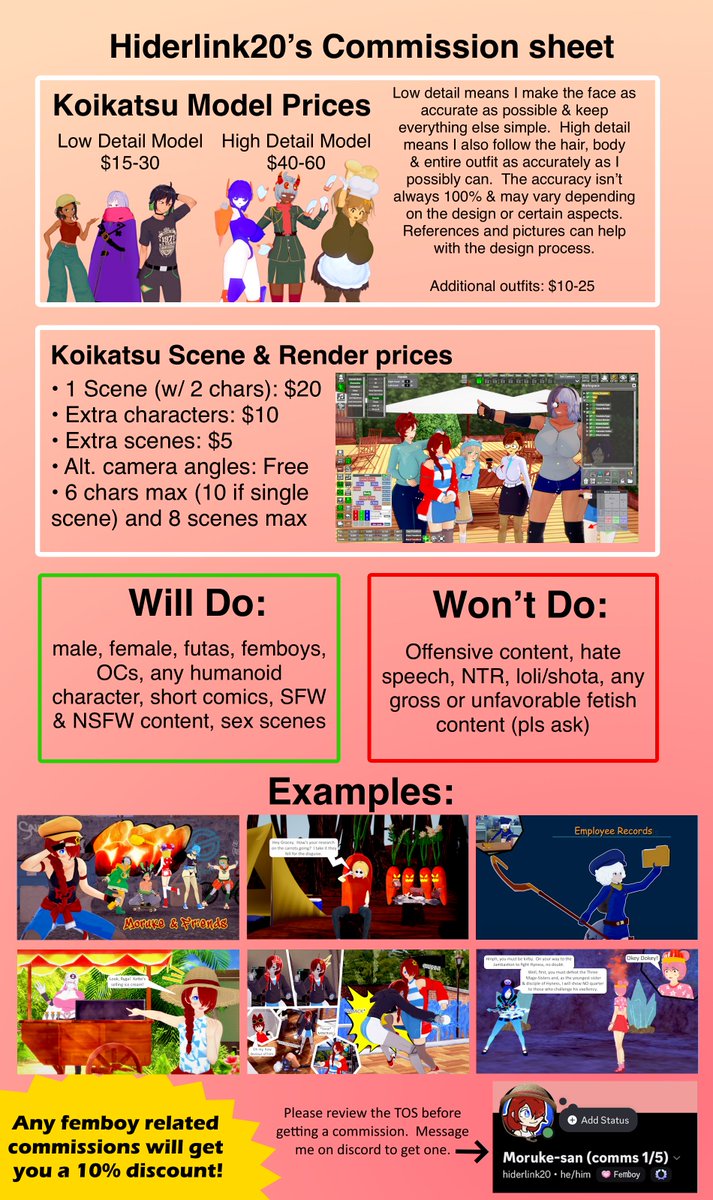 hiderlink20's tweet photo. New C**mmissi**n sheet, same prices. Wanted this one to be simple and compact so people can see everything.
TOS is in the comments. #koikatsu #moruke https://t.co/oJEkSCAfCS