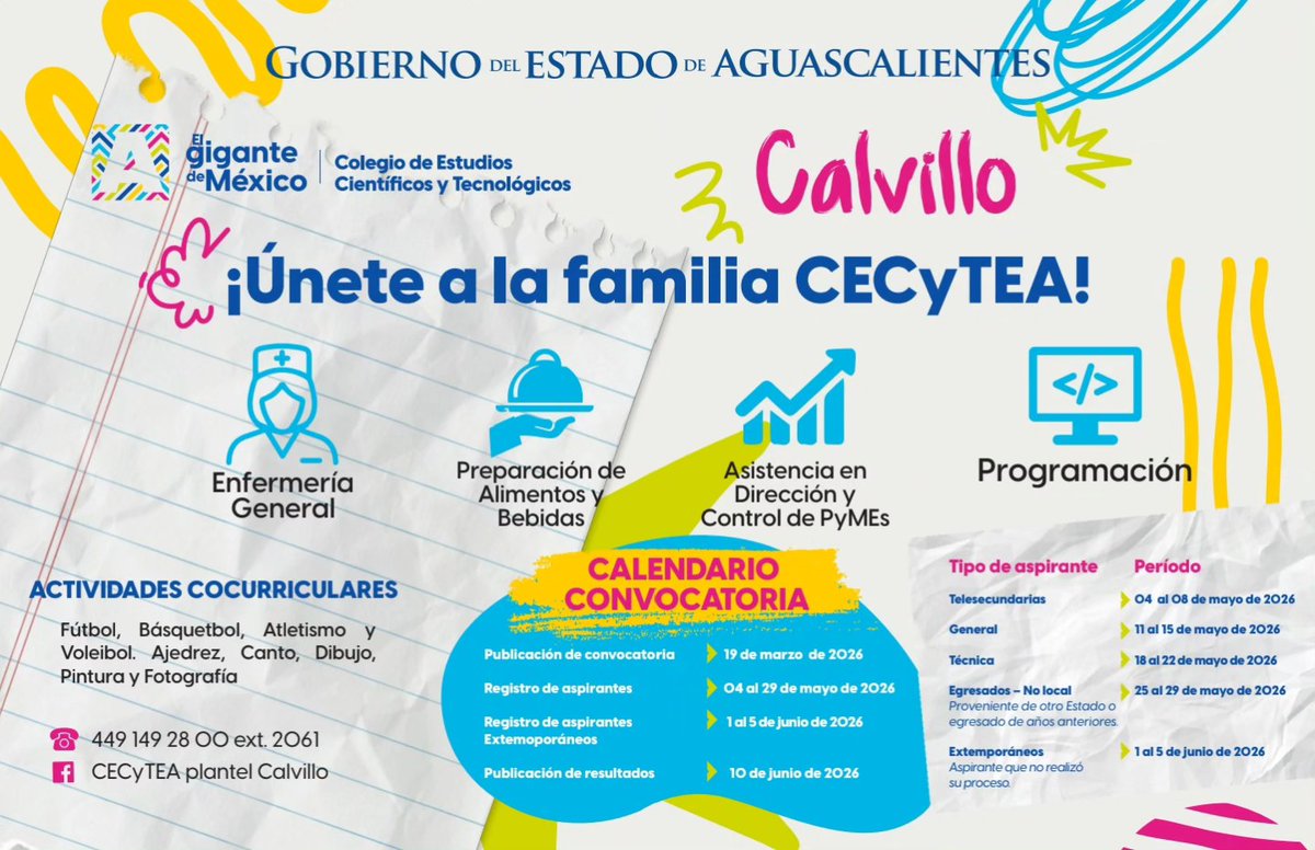 Inscríbete en alguna de las carreras que el CECyTEA Calvillo ofrece:
📷Enfermería General
📷Preparación de Alimentos y Bebidas
📷Asistencia en Dirección y Control de PyMEs
📷Programación
Revisa aquí toda la información 📷