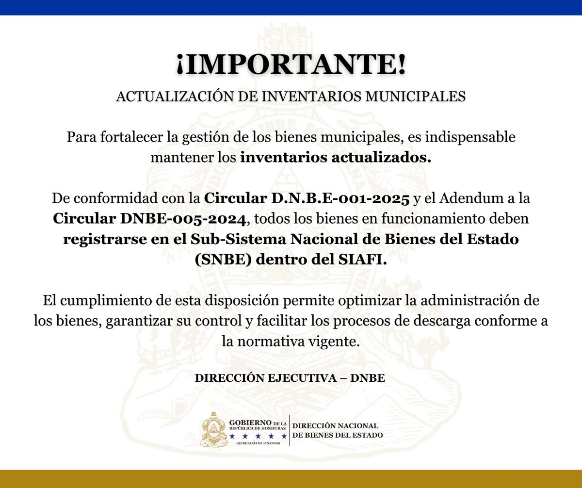 dnbehn's tweet photo. ¡Atención municipalidades!

Mantener actualizados los inventarios en el SNBE-SIAFI es clave para una gestión ordenada y transparente.

Para actualización o creación de usuarios:
📩 gestorusuarios@dnbe.gob.hn https://t.co/j3rZ94pTxm