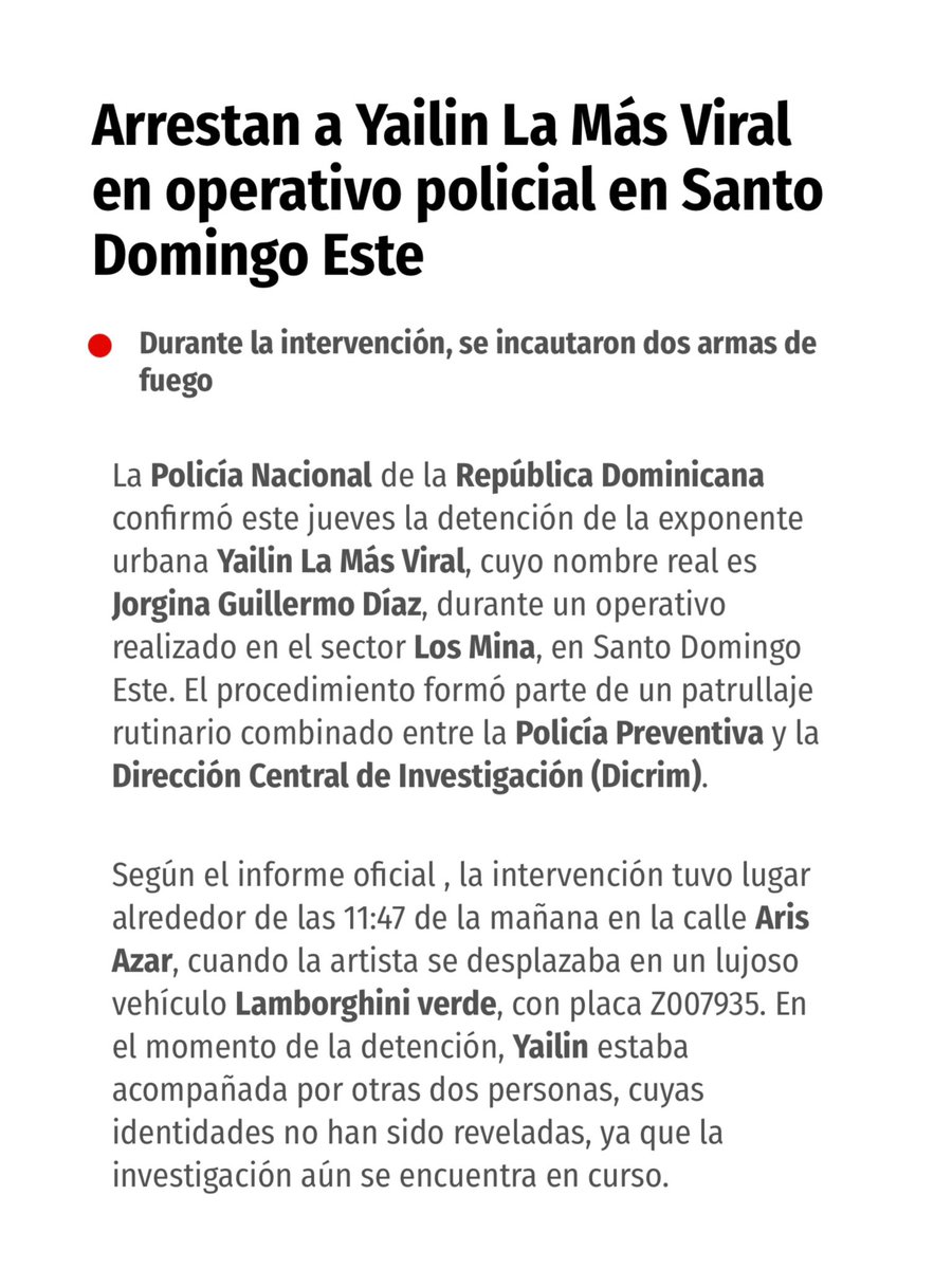 producto_tv's tweet photo. 🚨 BREAKING | Yailin La Más Viral fue detenida esta mañana en Santo Domingo Este tras ser interceptada por agentes de la Policía Nacional con dos armas de fuego dentro de su vehículo. El caso sigue en investigación. https://t.co/oABUm1pIIX
