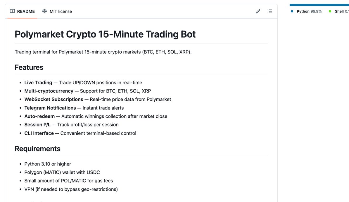 0xMovez's tweet photo. 5 free GitHub's → full automation of Polymarket trading 

still not using this automation in your daily trading → 90% chance you’ll lose all your edge in 2 years. 

list of 5 main Polymarket git repos from custom ML model to 15-min (btc/etc/sol/xrp) trading bot. 

list below: 

> ML model: 208 indicators via TAAPI, predicts market direction and calculates fair value

> trading bot: enters ~4min before close, with stop-loss + confidence-based sizing.

> trading terminal: hotkeys, instant orders, PnL + Telegram alerts - no wallet popups.

> data recorder: logs Polymarket + Binance - full orderbook + indicators with live dashboard.

> wallet analyzer: full trade history + accumulation charts by market.

link for all git repos in post below ↓