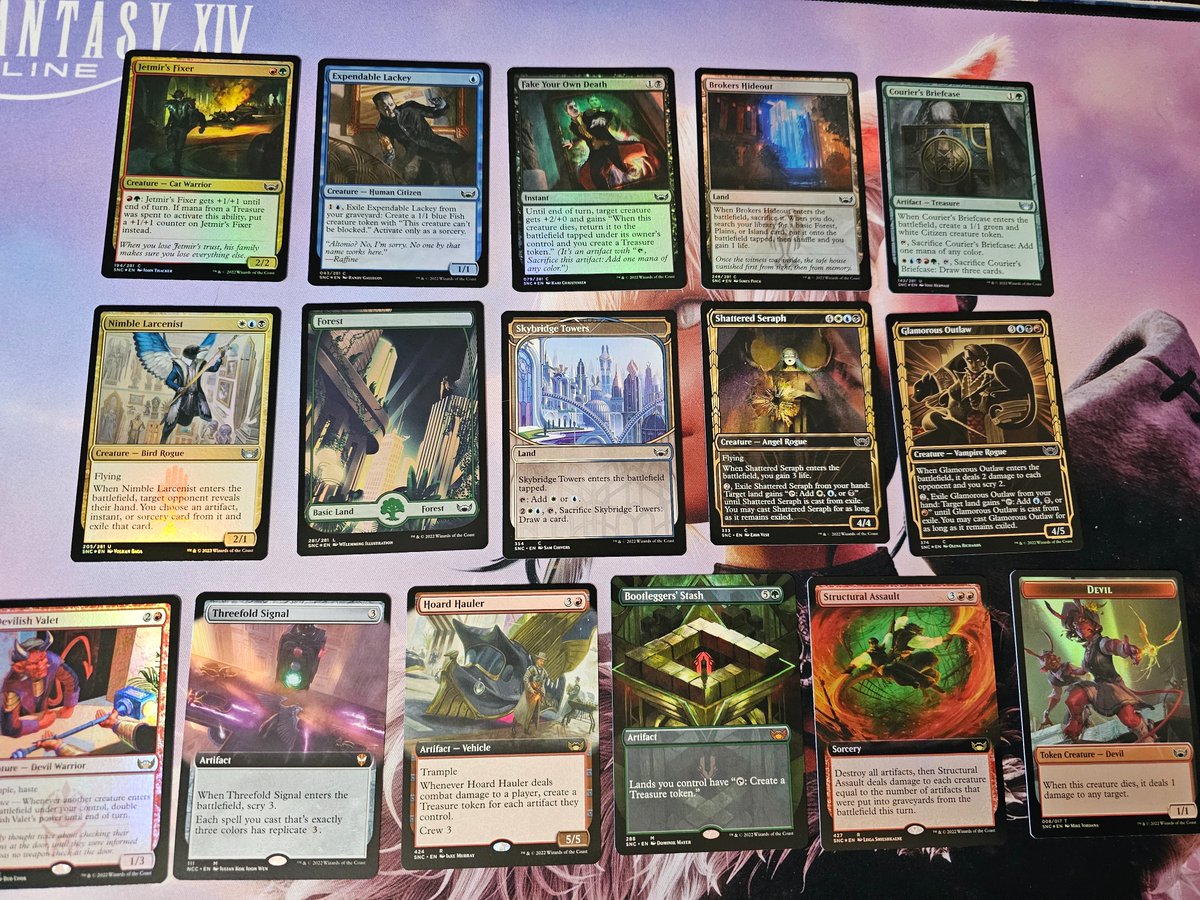 okcoyote's tweet image. Time for pack #68! A Collector Booster of Streets of New Capenna!

HIGHLIGHTS
Brokers Hideout FOIL .81
Glamorous Outlaw FOIL .28
Devilish Valet FOIL .35
Threefold Signal .65
Hoard Hauler .47
Bootleggers' Stash 3.71
TOTAL 7.35

#mtg #magicthegathering #packaday