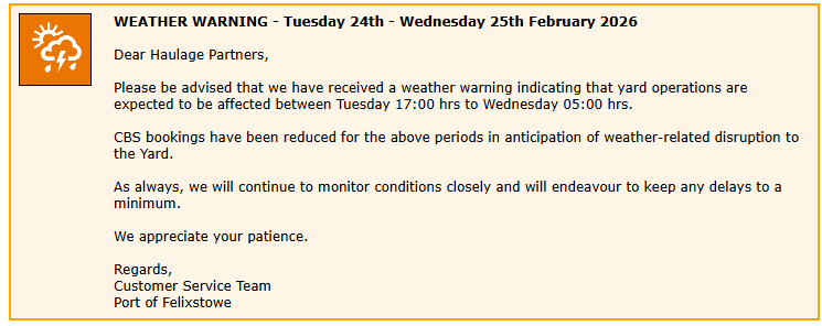 SandasonTrading's tweet photo. Weather Warning!  It would affect the container collection from Felixstowe, Southampton, London Gateway terminals on 24th and knock-on effect to the deliveries on 25th. https://t.co/OrZYAh0Aet