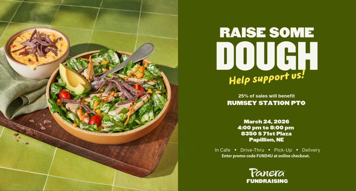Chef's Night Out at Panera to raise some dough for Rumsey Station is happening now!

Make sure to show the flyer!
Where: Panera Bread 8350 S 71st Plaza Papillion, NE 68133
Chef Night Out Hours: 4PM - 8PM

Online Promo Code FUND4U is good all day!