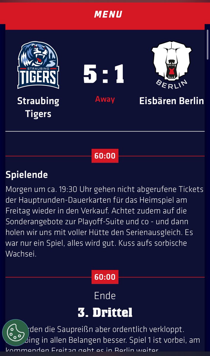 Ngl schlechtes Playoff Game ever nahh wobei gegen Mannheim wo wir 1:7 verloren haben war auch noch Arsch aber Holy Moly war das ein totes Ding . Naja irgendwann müssen wir ja den Straubingern geben das sie gegen uns gewinnen . Ich hoffe das es am Freitag besser läuft ✌️😭