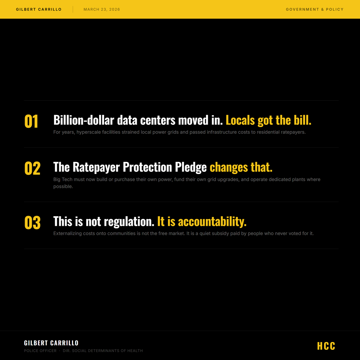 For years, billion-dollar data centers moved into communities and sent the power bill to the families already living there.

As a public servant, my view on accountability is simple: if you break it, you own it.

The Trump administration's Ratepayer Protection Pledge now requires