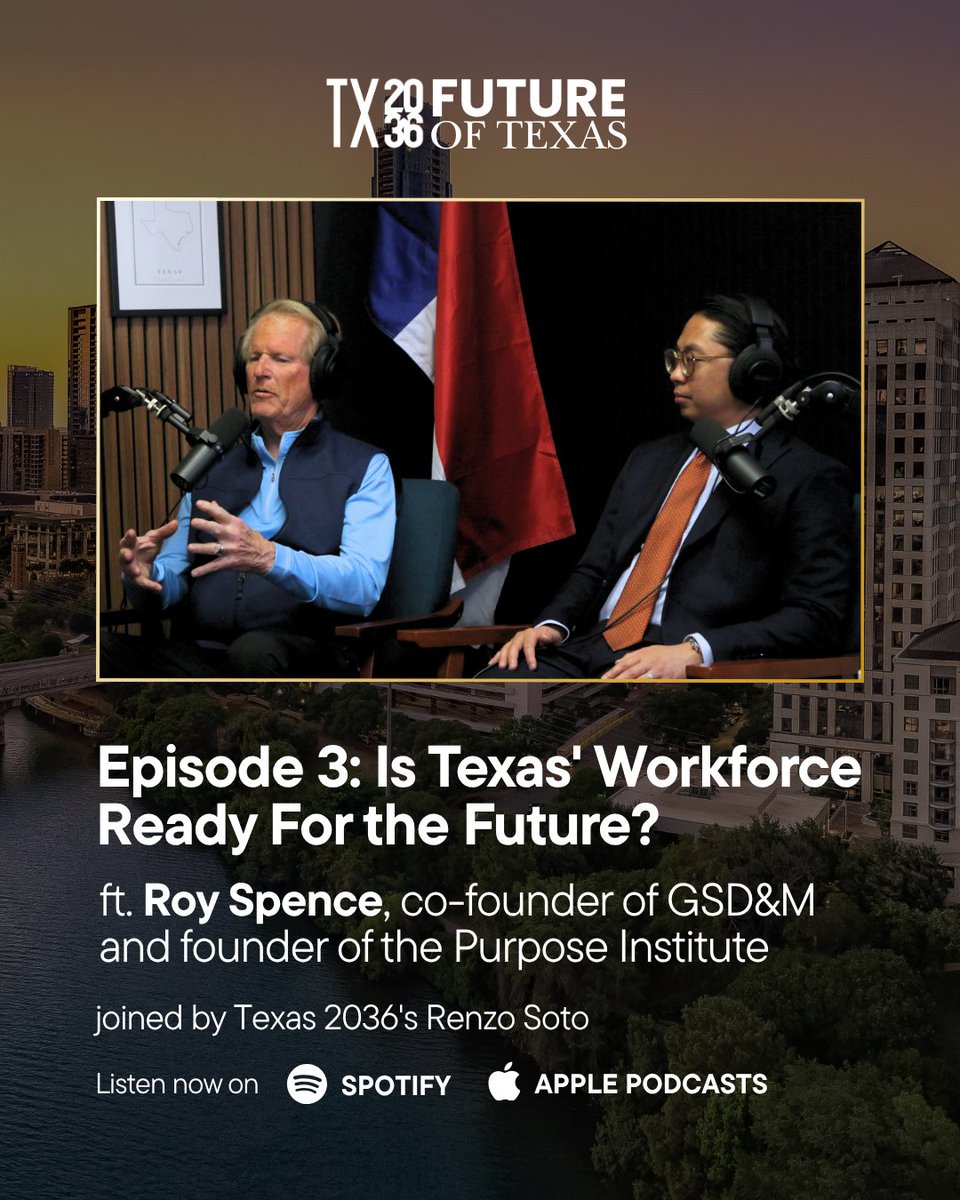Texas2036's tweet photo. Is the #txworkforce ready for the future? Find out in our latest episode of "The Future of Texas," featuring co-founder of @GSDM and founder of the Purpose Institute @royspence.

🎧 Spotify: https://t.co/YUiltloSnz
🎙️ Apple Podcasts: https://t.co/UWylAOaGOS https://t.co/5yALxqSUzh