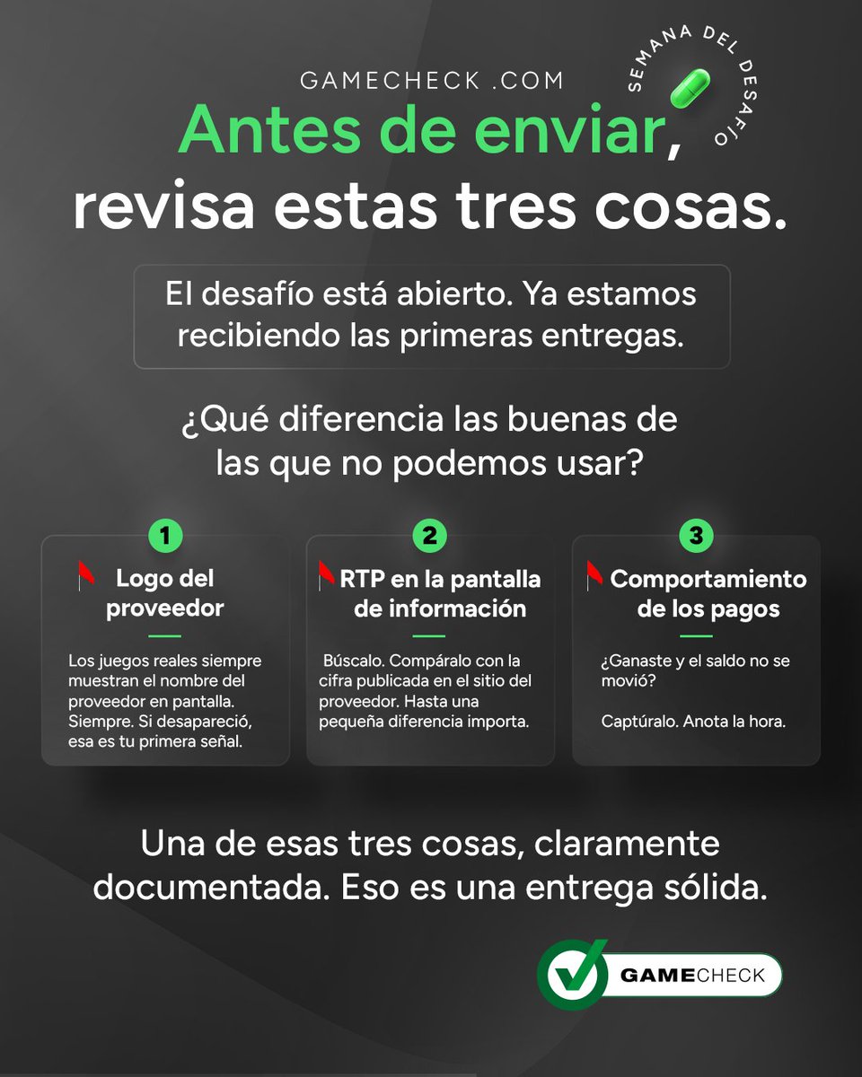 gamechecklatam's tweet image. El desafío está abierto. Esto es lo que hace que una entrega cuente.

Tres cosas para revisar. Una captura de pantalla. El nombre del juego y el casino.

Es así de simple. ¿Encontraste algo esta semana?

Envíalo en gamecheck.com.

#FakeGamesExist #GamecheckKnows #Protec
