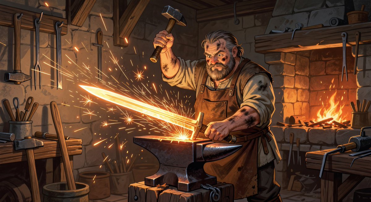 Xtreasurehunt's tweet photo. Medieval blacksmiths were so valuable, towns had laws protecting them from army drafts. A master sword could take 200+ hours to forge and cost as much as a small farm 🗡️🔥 https://t.co/Cawzb8gcDy