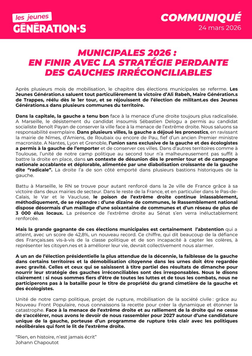 🔴 Municipales 2026 : en finir avec la stratégie perdante des gauches irréconciliables.

Le communiqué des Jeunes Génération•s.