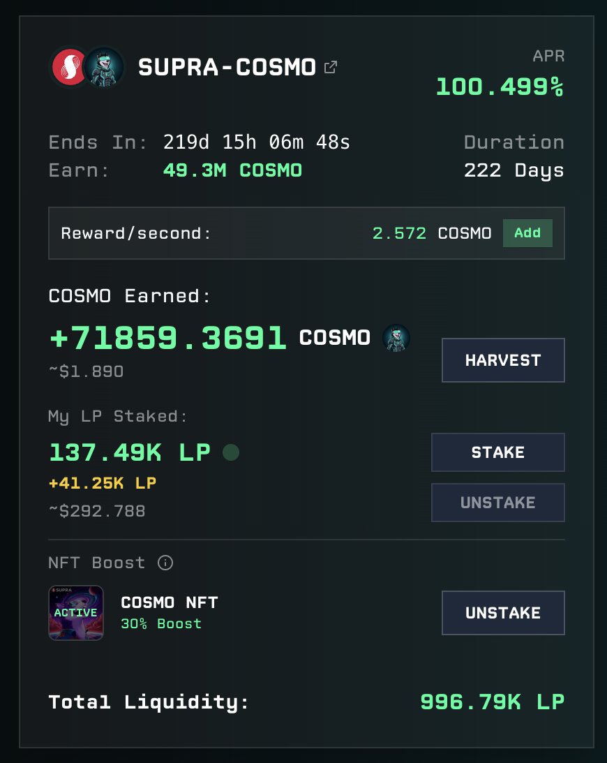 Did cosmo just drop a 100% APR with extra 30% for nft on <a href="/AtmosProtocol/">Atmos Protocol</a> ? 

interesting things are happening on $supra