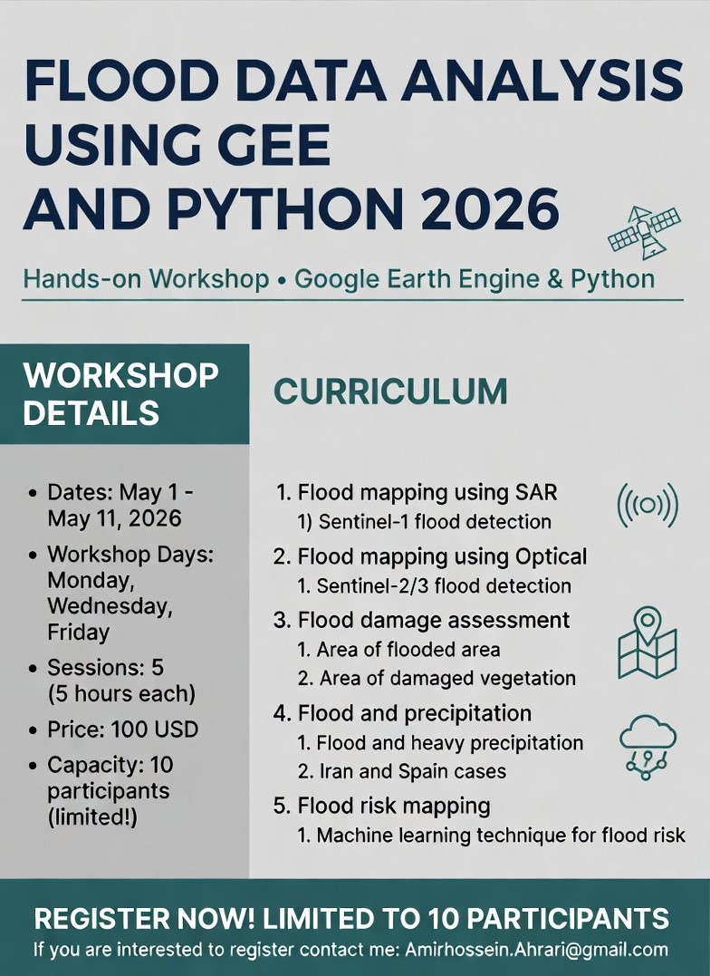 Enginn3r's tweet image. What if you could detect a #flood from space using #GEE &amp;amp; #Python? 🛰️🌊

I'm teaching exactly that this May.
🚨 Flood Intelligence: Mapping Disaster from Space with GEE &amp;amp; Python
📅 May 1–11 | 5 sessions | $100 | Only 10 spots
📩 Amirhossein.Ahrari@gmail.com