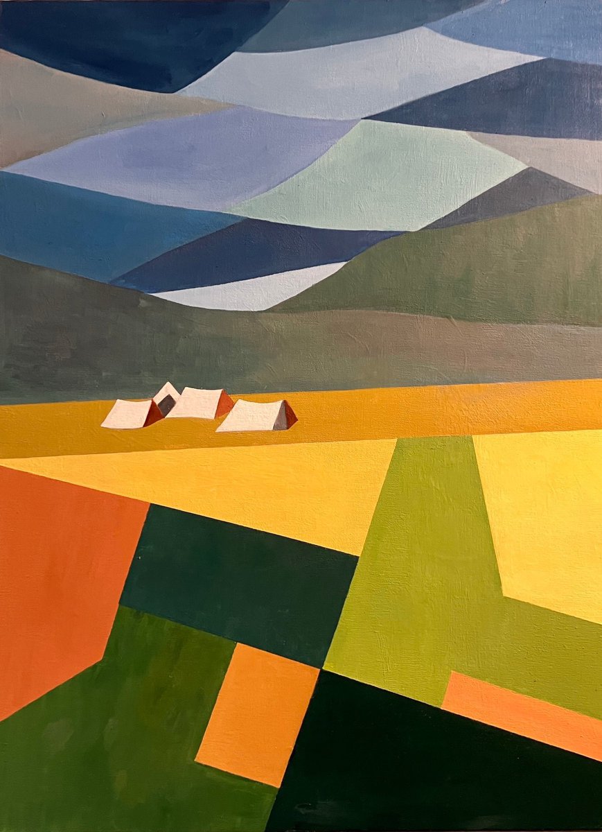 Anneke Ingelse | #Camping in a peaceful summer landscape | Oil on #Canvas | 2024 | 60x80x2 cm (w/h/d) | €1.400 | For sale onlinegallery.art/en/anneke-inge…