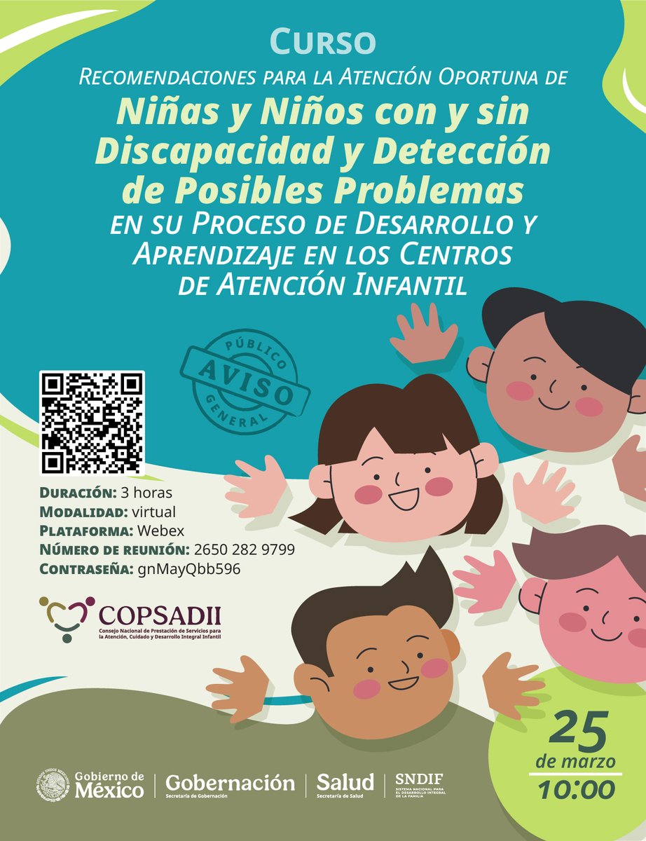 DIF_NMX's tweet photo. 🚨Aviso: Capacitación para Centros de Atención Infantil 🚼
El #COPSADII abre espacios de formación para todas y todos 👇🏽
Sigue el curso virtual este miércoles 25 de marzo a las 10 h por #Webex.
🆔de reunión: 2650 282 9799
🔑Código de acceso: gnMayQbb596
#DIFNacionalTransforma https://t.co/Zo6yC9z46E
