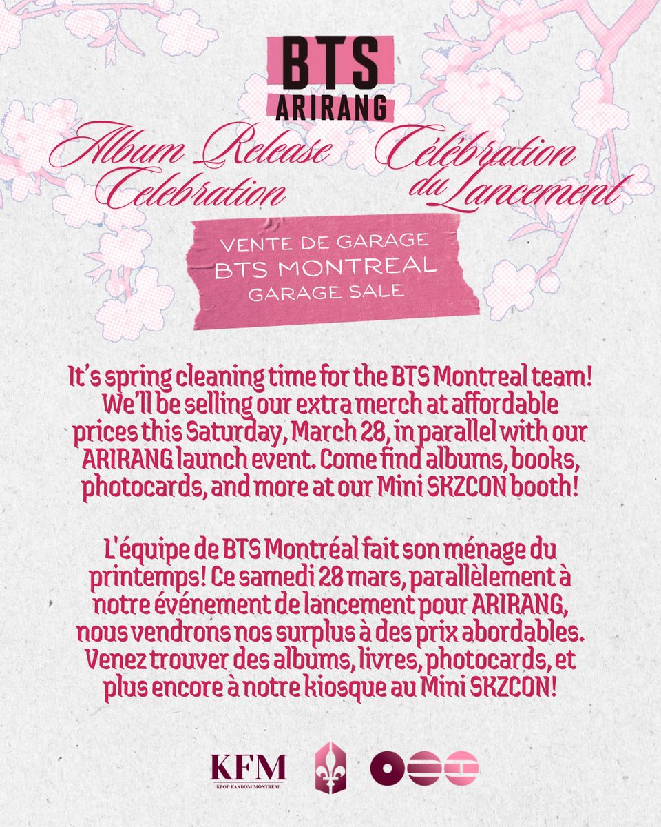 BTSMontreal's tweet photo. BTS GARAGE SALE 🪧
It’s spring cleaning time for the BTS Montreal team! 💜 Please visit our Instagram page for more details.

VENTE DE GARAGE BTS 🪧
L'équipe fait son ménage du printemps! 💜 Rendez-vous sur notre page Instagram pour plus de détails.

#BTS #BTSMontreal @KFMtl https://t.co/TWaKKdFYBv