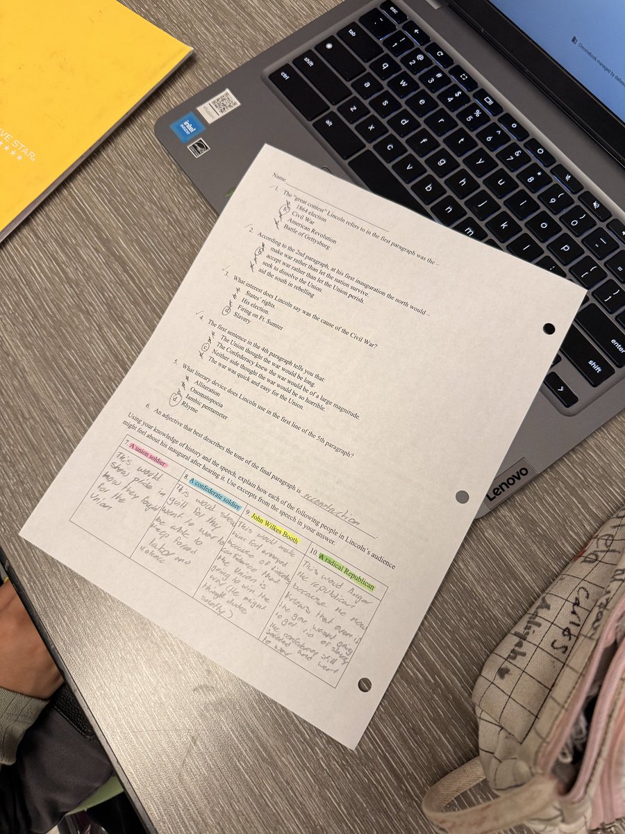 MsPemble's tweet photo. Diving deep into Lincoln’s 2nd Inaugural Address through a Depth & Complexity lens of multiple perspectives 🇺🇸  

Students analyzed the speech, then stepped into multiple perspectives, using evidence to argue how different groups at the end of the Civil War would respond to Lincoln’s words.  

From Union supporters to Confederates to abolitionists, the level of critical thinking, empathy, and text-based reasoning was powerful to watch.  

History isn’t just learned—it’s analyzed, debated, and understood. 🔍✨  

@DrReyC @TAGinPG

#Region4SayNoMore #DepthAndComplexity