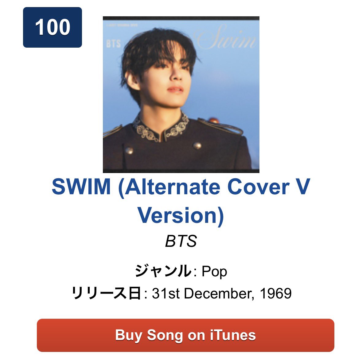 “SWIM” (Alternate Cover V Version) enters Japan top 100 iTunes Top Songs Chart 

the only alternate version currently charting