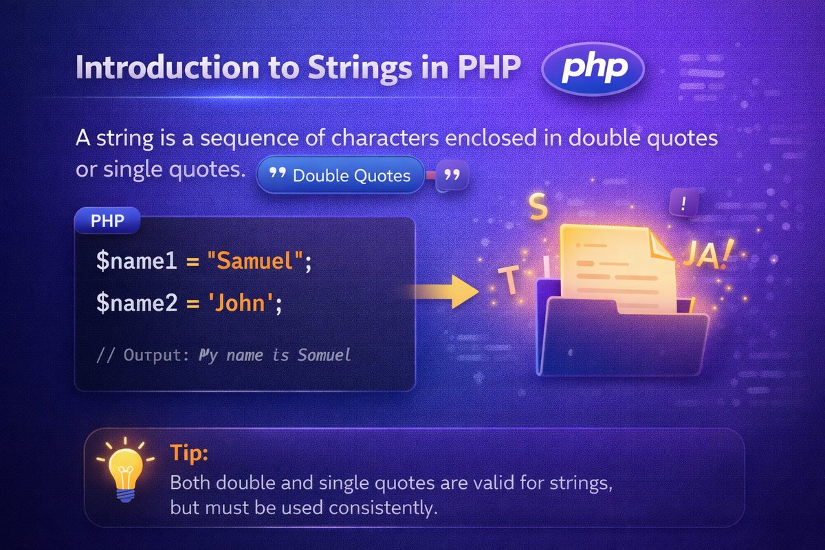 samueloadesanya's tweet photo. Quick recap:

Variables start with $
Use = to assign values
Use echo to print output
Use . to join text and variables https://t.co/zEchxlb78o
