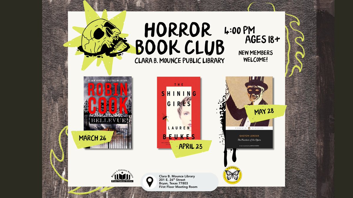 BCSPubLib's tweet image. The Horror Book Club returns to the Clara B. Mounce Library on March 26th. We will be discussing Bellevue, a creepy tale from the mind of Robin Cook. Chat time starts at 4 PM in the 1st floor Conference Room. New members encouraged. Ages 18+. #bcstx #bookclub #horror #robincook