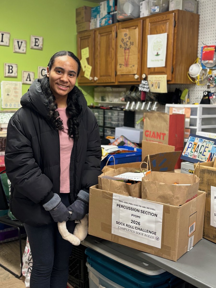 GivingTreeFam's tweet image. A special thank you to Sydney for delivering sock rolls to us yesterday. Sydney is a member of the Philadelphia Youth Orchestra Percussion Section and organized her fellow musicians in assembling sock rolls. #mlksockrollchallenge2026
#helpingthehomeless
#kidscangiveback