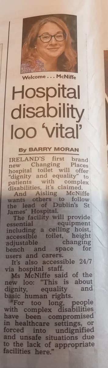 Thanks to <a href="/IrishSunOnline/">The Irish Sun</a> for promoting Changing places toilets, in particular the new one in <a href="/stjamesdublin/">St James's Hospital</a> which is the first in an adult hospital. 
Lead by example! We look forward to many more opening in healthcare settings. We have heard that there a couple in the pipeline!