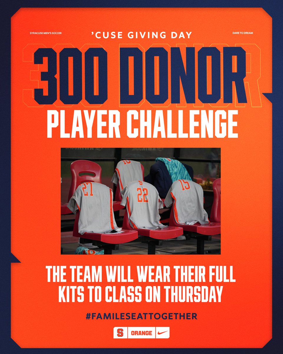 CuseMSOC's tweet image. 🚨A new challenge is upon us👀

Help us reach 3️⃣0️⃣0️⃣ donors and the WHOLE TEAM will wear their full kits to class🤣👕

Cuse.com/MSOCGivingDay26 ⚽️⭐️

#DareToDream x #FamiliesEatTogether