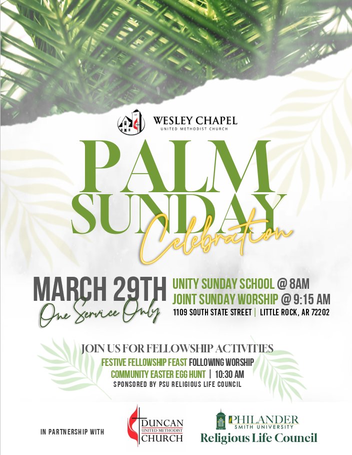 WesleyChapelLR's tweet photo. 🌿 Join us for Palm Sunday!
🕊️ Unity Sunday School – 8 AM
🌿 Worship – 9:15 AM
Stay after for a Fellowship Feast &amp; Community Egg Hunt! 🥚✨
Bring family &amp; friends, let’s celebrate together! 💛 https://t.co/xaPU7RM9Rr