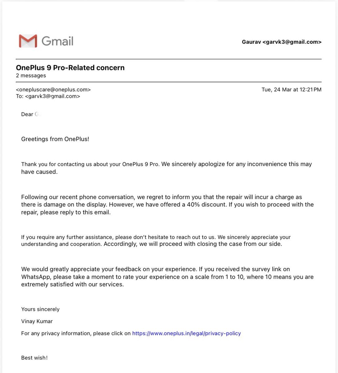 twittkgaurav's tweet image. Minor glass crack is purely cosmetic &amp;amp; unrelated to the line issue a globally known manufacturing defect in #Oneplus9pro Denying free replacement for a known hardware failure due to unrelated external damage is unfair. Request a fair assessment. @OnePlus_IN