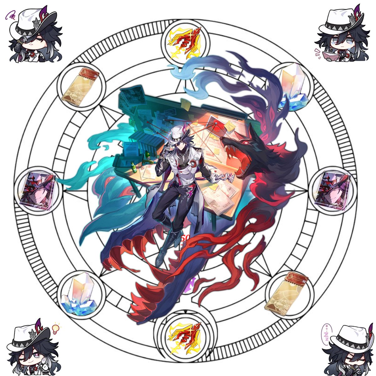Tris1310's tweet photo. Good luck in a few hours with your deductive pulls for Ashveil, the lazy and intense detective 🐺🔎!!

I make three versions of him, with Boothill and his best team! 🖤🌑

#Ashveil #ashveil #Boothill #hsrtwt #hsr #HonkaiStarRail https://t.co/KMjXlgWs28