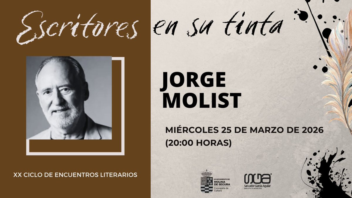 Mañana, el mejor autor de novela histórica de nuestro país, en Escritores en su tinta: Jorge Molist.

Miércoles 25 de marzo
20.00 h
Biblioteca Salvador García Aguilar de Molina de Segura
ENTRADA LIBRE HASTA COMPLETAR AFORO <a href="/JorgeMolist/">Jorge Molist</a> <a href="/Jorge_Molist/">Jorge Molist</a> <a href="/BibliotecaSGA/">Biblioteca SGA</a>