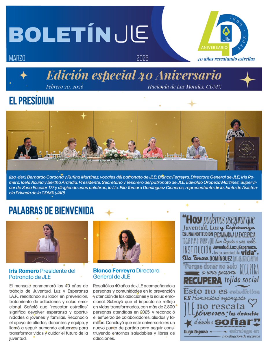 JLE_IAP's tweet photo. Celebramos 40 años de transformar vidas 💫

En esta edición especial de nuestro boletín, recordamos los momentos más significativos de nuestra celebración de aniversario y reconocemos a quienes han sido parte de este camino.

Consúltalo y entérate de todo lo que hace posible seguir rescatando estrellas.