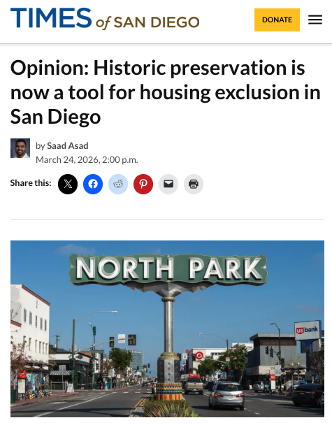 It's been a while!

My latest op-ed debunks a report that claims San Diego historic districts usher in affordability, equity for people of color, and reduced pollution. 

All lies. Learn what historic districts really do: exclude.
