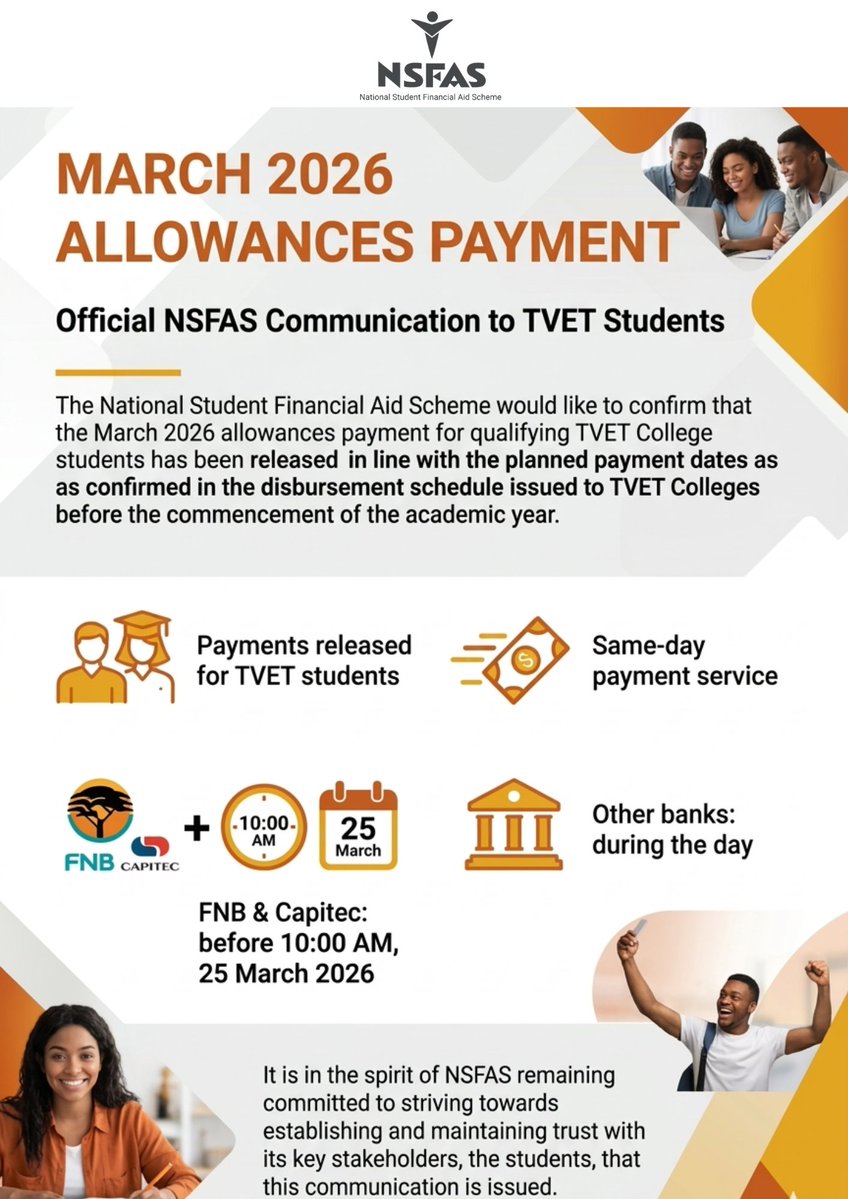 myNSFAS's tweet image. 📢 March allowances Anniuncement!

TVET students funded by NSFAS can expect their payments today 💸
✔️ FNB &amp;amp; Capitec: before 10AM
✔️ Other banks: during the day

We’ve got you covered 💙

#NSFAS2026 #TVET #StudentFunding #Allowances #SouthAfrica