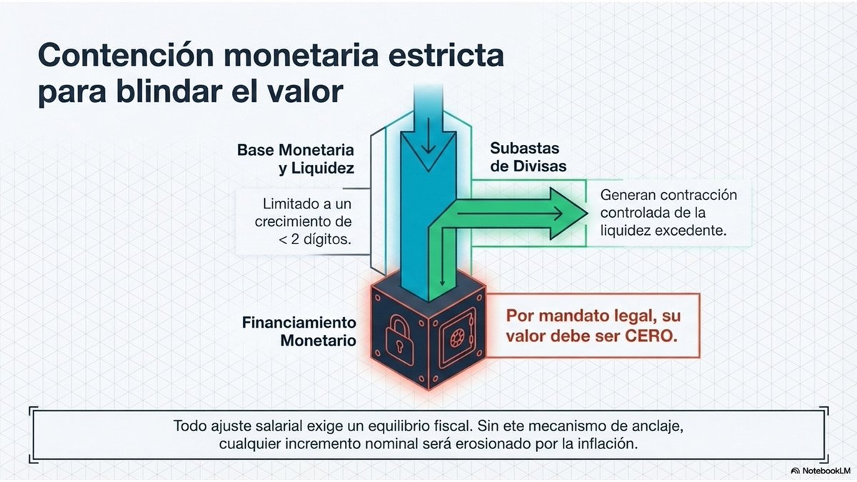 8/10 La idea no es un salto brusco. Ante un SM cercano a cero, el ajuste debe ser gradual. Esto permite a la economía adaptarse mientras se recupera el ingreso.

9/10 Para que el aumento no se evapore, el plan debe ser integral: equilibrio fiscal y cero financiamiento monetario.