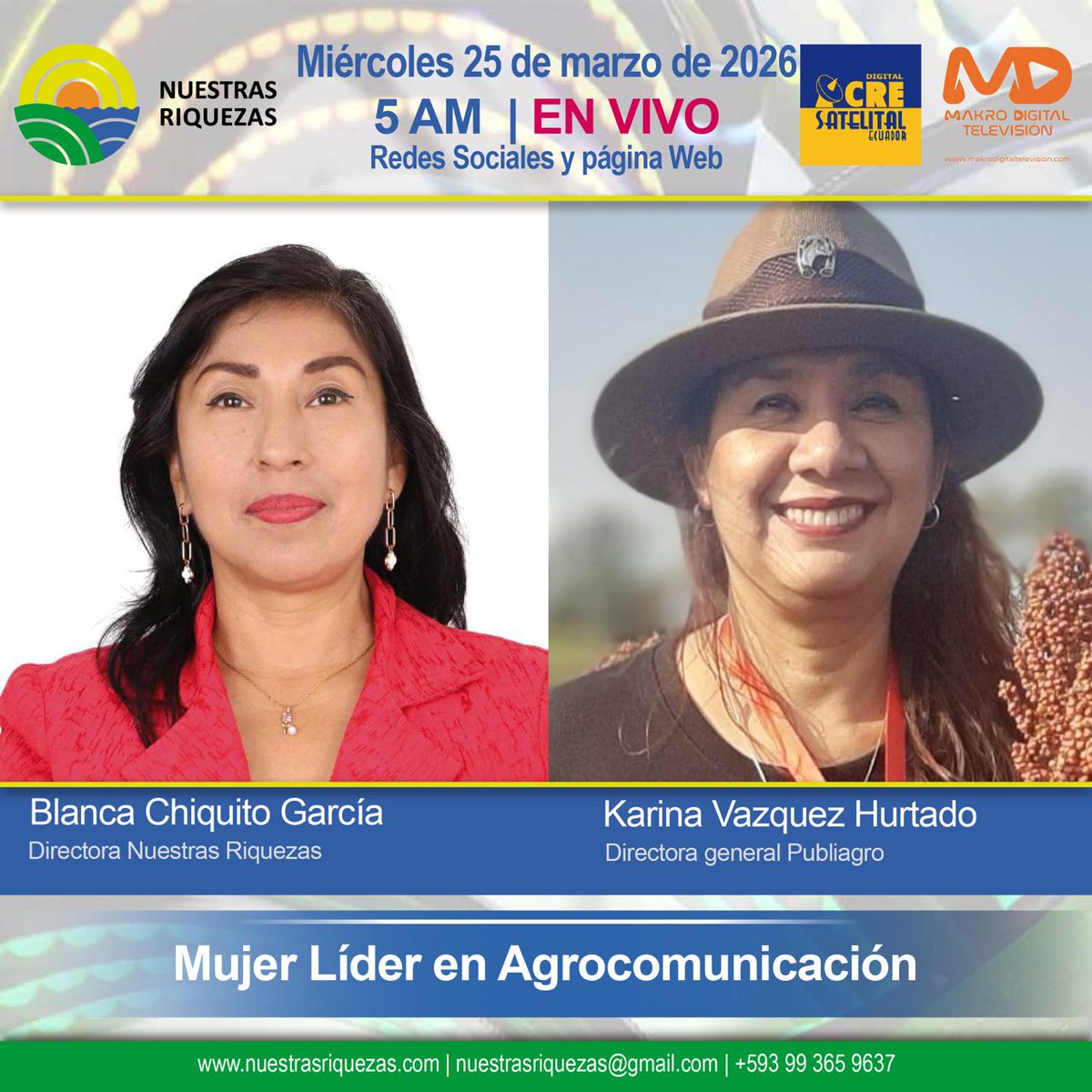 nuestra_riqueza's tweet photo. Mujer Líder en Agrocomunicación, es el tema que Karina Vásquez Hurtado Directora General de @Publiagro - Bolivia conversará con @nuestra_riqueza éste miércoles 25 marzo 2026
#seguidores #Todos @ranchosdehoytv @elmundodelcampo @aglyg #mugam https://t.co/lf0XI2QK2z