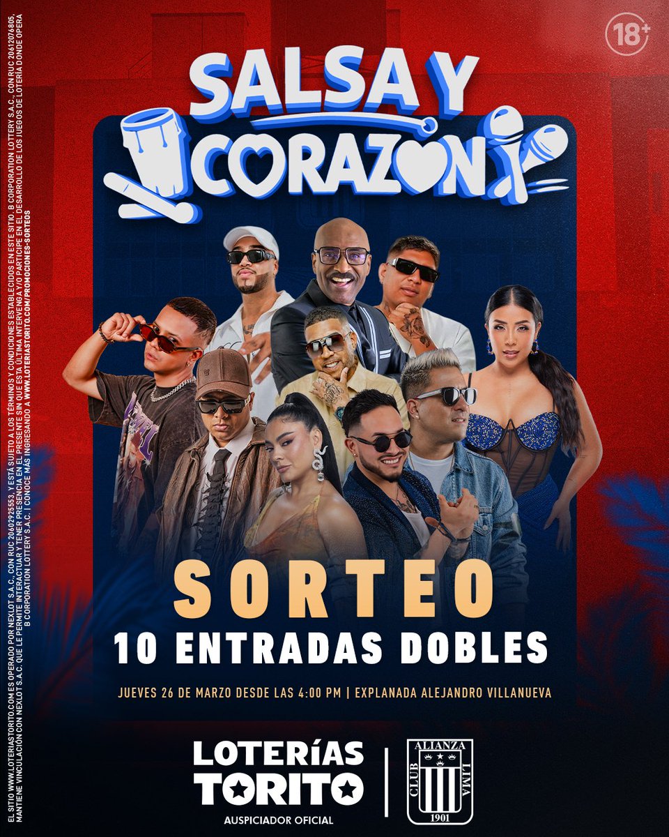 loteriastorito's tweet photo. 🎶💙 ¡LA SALSA SE SIENTE CON TORITO! ⚡

Sorteamos 𝟏𝟎 𝗘𝗡𝗧𝗥𝗔𝗗𝗔𝗦 𝗗𝗢𝗕𝗟𝗘𝗦 para asistir al evento Salsa y Corazón en la Explanada Alejandro Villanueva 🎉😎

Participa:
1️⃣Sube una foto alentando a Alianza
2️⃣Menciona quién será tu dupla 

📅Ganadores 26/03 - 11 a.m☘ https://t.co/BGx1FNbxoz
