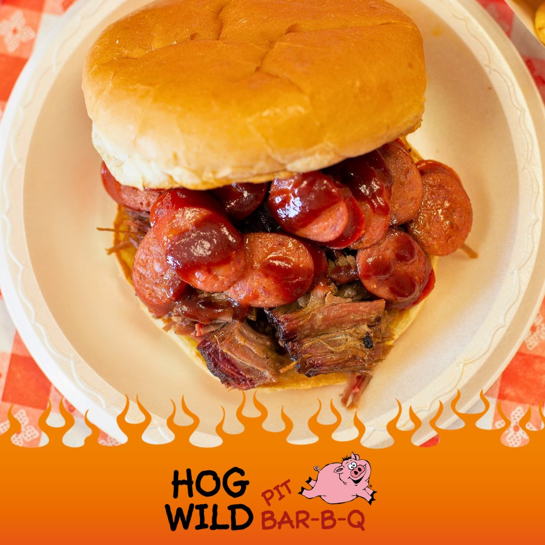 Today calls for a Smoke Stack Sandwich. 🔥 A toasted bun stacked with hickory-smoked beef brisket and hot links, finished with our famous BBQ sauce. Big flavor, built the Hog Wild way. #Wichita #WichitaKS #ICT