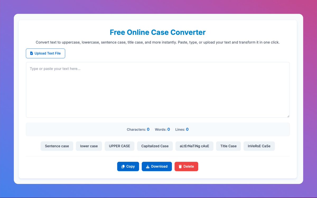 toolszu's tweet photo. 🔤 Convert Text Case Instantly — Free Online Tool!

Easily switch between:
✔ UPPERCASE  
✔ lowercase  
✔ Sentence case  
✔ Capitalized case  

Perfect for writers, students &amp; developers.

Try it now 👇  
https://t.co/QmyPAHLa0c

#CaseConverter #TextTools #WritingTools https://t.co/LpimKIHnif