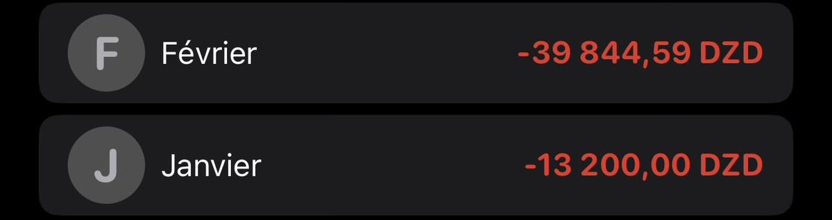 SudoNass's tweet image. Sans rentrer dans les détails et sans le loyer qui est déjà payé à l’année, j’ai créé un tricount tout seul pour répertorier toute mes dépenses mensuel.
Je ne suis pas très dépensier mais voici le résultat :
- janvier : 13 200 dinars soit 47€
- février : 39 845 dinars soit 143€