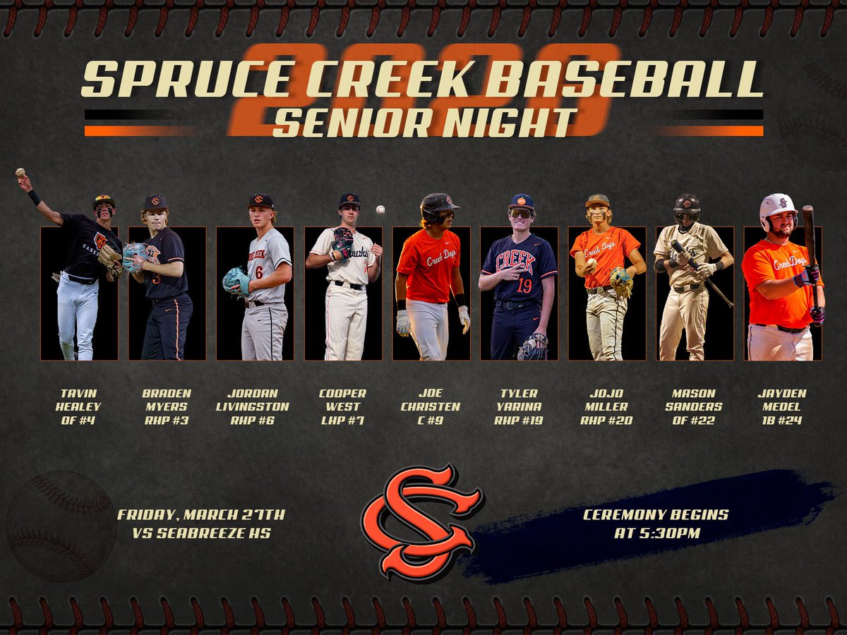 baseball_creek's tweet photo. Senior Night at the Nest this Friday !! Come show these guys some love .. 
🧡⚾️🖤 #CreekDogs https://t.co/tOZiWdGZsx
