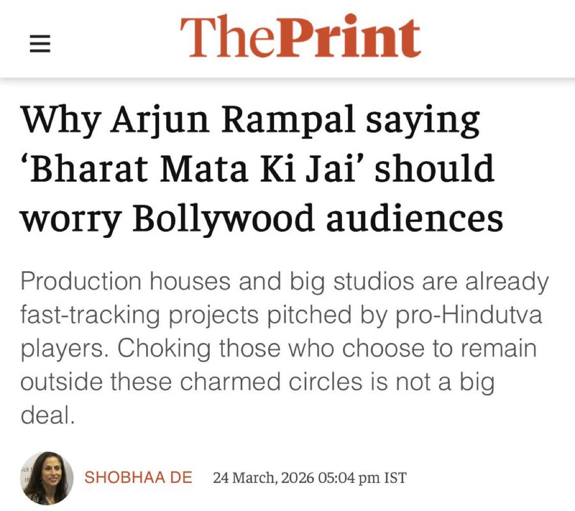 ZZoariah's tweet photo. What exactly is worrying here?

An actor saying Bharat Mata Ki Jai in a country called Bharat is now a threat? That reaction itself exposes the mindset.

When Uri became a massive hit, it wasn’t because of propaganda or BJP it was because people connected with a story of national security and sacrifice.

The Kashmir Files didn’t get corporate backing initially, yet audiences turned it into a phenomenon. Why? Because stories that were earlier brushed aside finally found space. Voice of the voiceless moment. 

RRR openly celebrated civilizational pride and went global. No one called it dangerous when Western audiences applauded it but the discomfort shows up domestically.

Go further back Lagaan, Border nationalism was never the problem. It was celebrated. So what changed? Not the audience it’s the gatekeepers.

For years a certain ecosystem decided what stories were acceptable, what patriotism should look like, and who gets funded. That monopoly is breaking and instead of admitting it, they’re calling it a threat.

No one is being silenced. No law is stopping films from being made. If anything, more voices are entering the space from writers, directors, to actors who don’t belong to old elite circles and with sheer hardwork. 

What’s actually happening is simple the audience is no longer passive.They are choosing what resonates with them wrt culture, identity, history without waiting for validation from critics or columnists.

So when someone says this should worry Bollywood, they’re not talking about freedom of expression.They’re worried about losing control over it slowly n very rightly so.