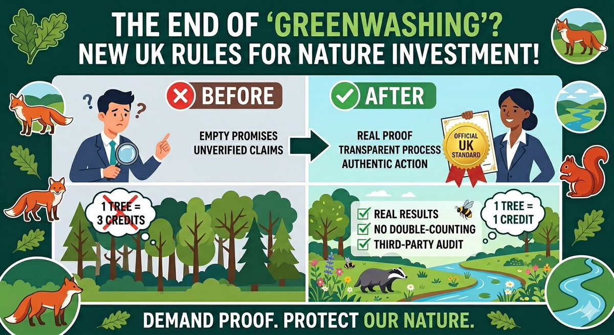 naturalxAI's tweet photo. The UK has launched new Nature Investment Standards to stop greenwashing. Companies claiming to help nature must now follow a strict rulebook with verified proof of results. This moves environmental action from empty promises to a transparent, audited system. https://t.co/8IgLM0BnMT