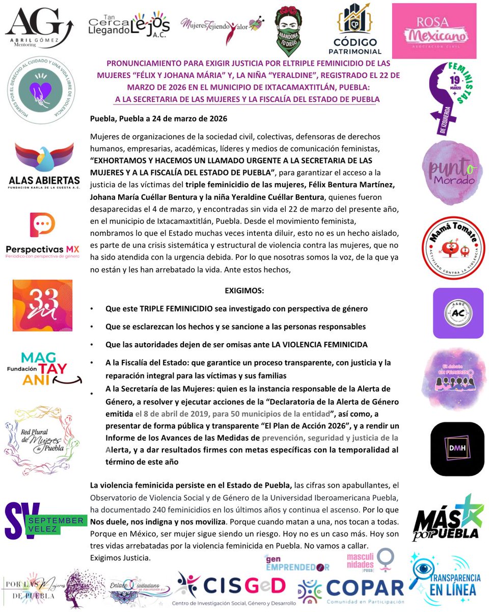 Justicia para Félix Bentura Martínez, Johana María Cuellar Bentura y Yeraldine Cuellar Bentura 3 mujeres 3 generaciones, desaparecidas, asesinadas en #Puebla
Exigimos justicia y respuestas.
#TripleFeminicidio
#VivasNosQueremos
#ColectivasUnidas
