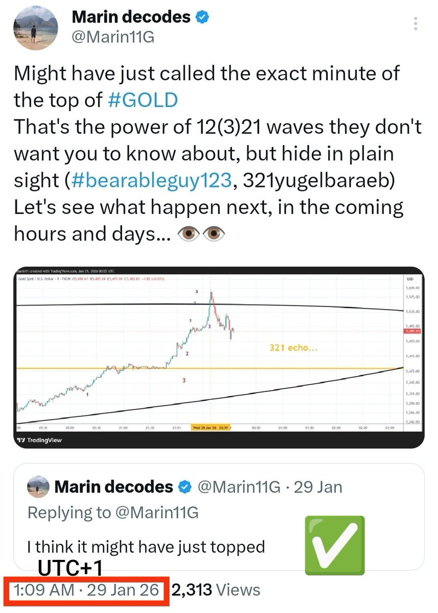Marin11G's tweet photo. #Gold 5500 top called in advance ✅ 
Gold exact minute it topped called in real time counting "12321" waves ✅
Gold correction "321" waves called for since its peak at the end of January ✅

What is this sorcery?
#bearableguy123 21 waves (the real decodes) in combination with chart simulations timeline/script (the only other real decodes) which didn't hurt to have 😉

Only those 2 are real decodes of riddlers (it's not just XRP moonline)..
Chart laws and #XRP (and other chart) simulations timelines, and the proof that it's a simulation that's aligned with the world stage show and controlled by the same hidden hands.

Those who don't see that haven't decoded them and also those who analyse charts blind to them being simulations, don't understand first thing about them - literally. 

https://t.co/mjESdaemb9