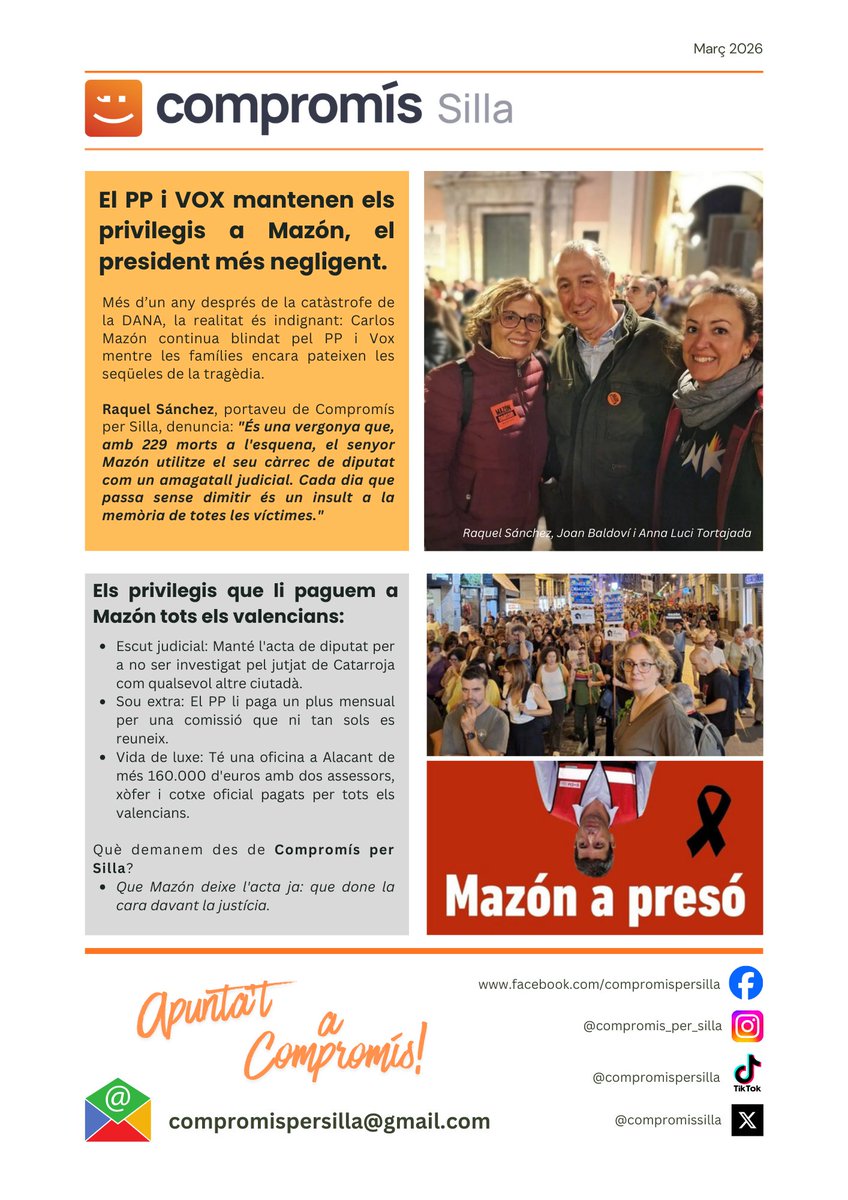 compromissilla's tweet image. Hui hem repartit la nostra revista 🧡

Denunciem els privilegis que PP i VOX mantenen a Mazón mentre moltes famílies encara pateixen les conseqüències de la DANA.

Ja n’hi ha prou: que done la cara davant la justícia.

#Sillaciutat #Compromíspersilla
 #Dignitat
