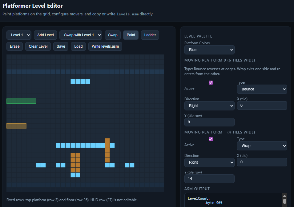 RetroGamingDev's tweet image. It's in a basic state still, but building out an NES game for the first time! I even built out a little level builder that makes it really easy to layout things. #gamedev #nes #indiedev